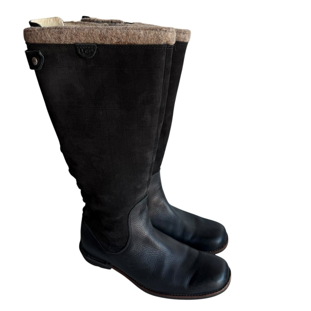 Ugg‎ Australia Black Leather & Nubuck Smithfield Tall Boot US 9 EU 40 Zip Laceup